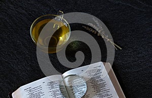 Open Holy Bible Scripture study with magnifying glass and cup of tea