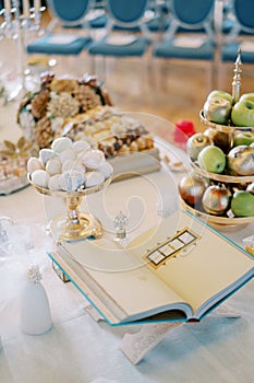 Open holy book on a stand on a table next to fruit in vases, pastries, sugar cones and nuts. Tradition of Sofreh Aghd