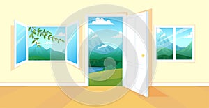 Open home window and door. Nature view through house doorway. Home room interior. Sight from architecture frame with sun