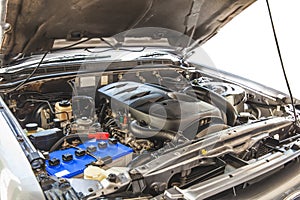 Open hood on 2500 cc. diesel turbo engine pickup truck in detail