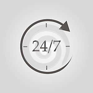 Open 24 hours a day and 7 days a week icon isolated on grey background. All day cyclic icon. Flat design. Vector Illustration