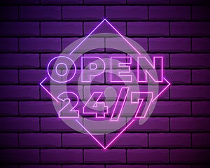 Open 24 7 Hours Neon Light on Brick Wall. 24 Hours Night Club , Bar Neon Sign. Vector Illustration