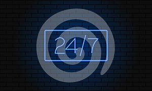 Open 24 7 Hours Neon Light on Brick Wall. Vector Illustration. 24 Hours Night Club Bar Neon Sign.