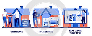 Open house, home staging, real estate video tour concept with tiny people. Home for sale vector illustration set. Floor plan, walk