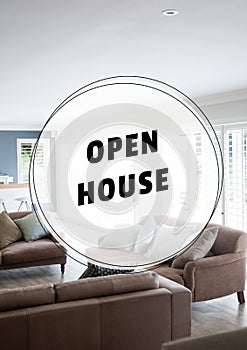 Open house text banner against interior of a modern house