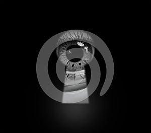 Open human eye in keyhole.