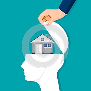 Open the human head and the house. real estate concept. vector illustration