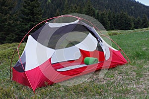 Open inner tent body without rainfly, in the morning in mountain pass in Mala Fatra mountains, Slovakia