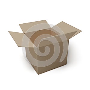 Open isometric box isolated on white. Empty paper parcel. Realistic carton. Vector illustration