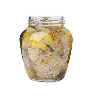 Open jar of delicious artichokes pickled in olive oil isolated on white