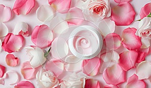 Open Jar of Luxurious Rose-Scented Cream Surrounded by Fresh Pink Petals