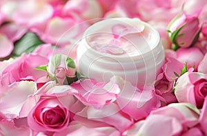 Open Jar of Luxurious Rose-Scented Cream Surrounded by Fresh Pink Petals