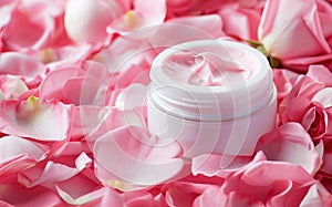 Open Jar of Luxurious Rose-Scented Cream Surrounded by Fresh Pink Petals