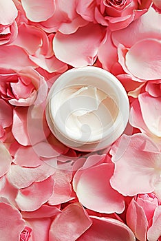 Open Jar of Luxurious Rose-Scented Cream Surrounded by Fresh Pink Petals