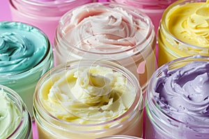 Open jars with colorful cream. Concept of cosmetics, skincare. Generative AI.