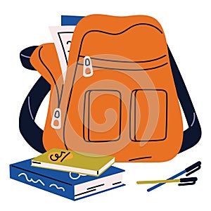 Open kids backpack, satchel, knapsack on zipper. Childish school bag with books, textbooks. Children schoolbag with