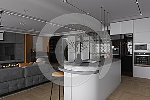 Open Kitchen interior design for luxury home decoration in white theme