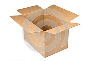 Open kraft carton box isolated on white background. Brown cardboard box with open cover
