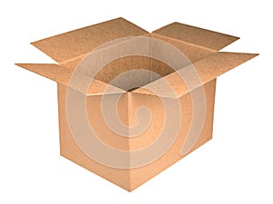Open kraft carton box isolated on white background