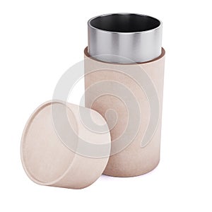 Open Kraft paper tube packaging mock up isolated on white background. 3d rendering