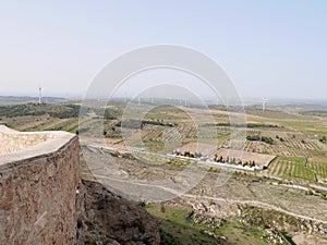 Open landscape of Castile la Mancha seen from castle in Penas de San Pedro. Albacete, Spain.