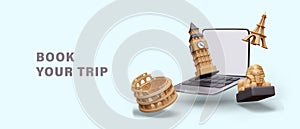 Open laptop, 3D models of Big Ben, Colosseum, Eiffel Tower, Great Sphinx