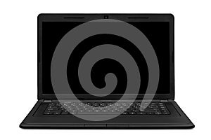 Open laptop with black screen isolated on white background. Fron