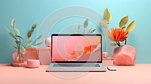 Open laptop with blank screen desktop with plants. Blue wall background. Banner mockup for graphic design interior decor concept