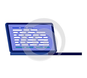 Open laptop with blue screen displaying code lines. Programming and coding concept, developer workspace. Technology and