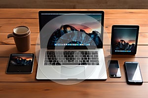 An open laptop computer resting on a wooden table, showcasing the synergy between technology and a well-equipped workspace, Laptop