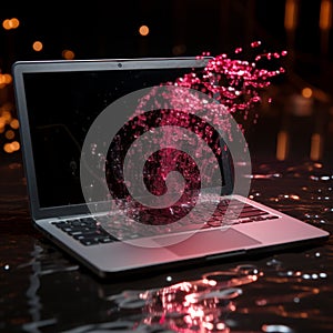 an open laptop computer with water splashing on it