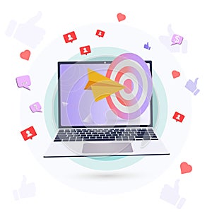 Open laptop and the concept of hitting the target, targeting, advertising