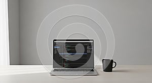 Open laptop displaying code on a clean, light-colored desk. The laptop screen shows a