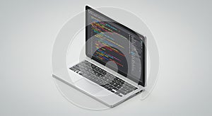 Open laptop displaying a code editor with colorful syntax highlighting on the screen.