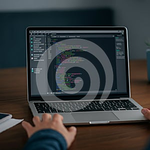 Open laptop displaying code on a screen in a dimly lit environment.