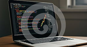 Open laptop displaying code on the screen, featuring syntax highlighting with colorful