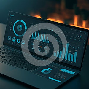 Open laptop displaying a data analytics dashboard with dark theme. The screen