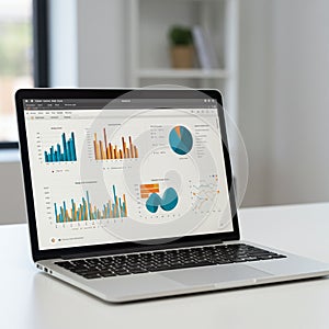 Open laptop displaying various data visualizations on its screen, including bar charts