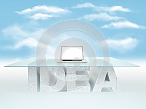 Open laptop on empty glass table with a base made of concrete IDEA against the sky background. Business concept