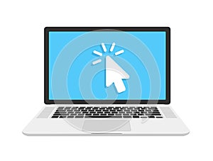 Open laptop in flat style isolated on background. Laptop with pc mouse and keyboard. Flat cartoon design, vector