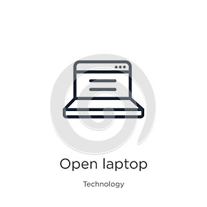 Open laptop icon. Thin linear open laptop outline icon isolated on white background from technology collection. Line vector sign,