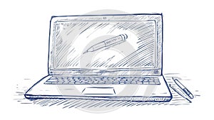 Open Laptop in Sketch Style, Digital Work & Learning, vector design Generative AI