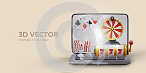 Open laptop, slot machines on screen. Online casino concept
