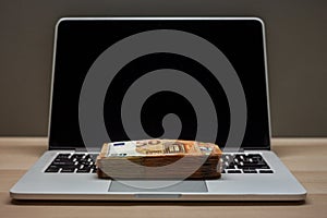 Open laptop and stack of money euro banknotes