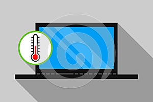 Open laptop and thermometer icon inside round sign