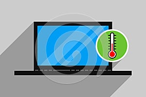 Open laptop and thermometer icon inside round sign