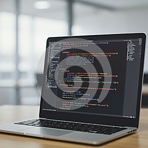 Open laptop on a wooden table displaying code editor with colorful syntax