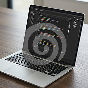 Open laptop on a wooden table displays a code editor with programming code.