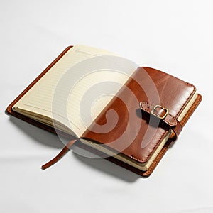 An open, leather-bound notebook with lined pages on a white surface