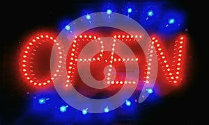 Open led neon color illuminated shop light sign red and blue